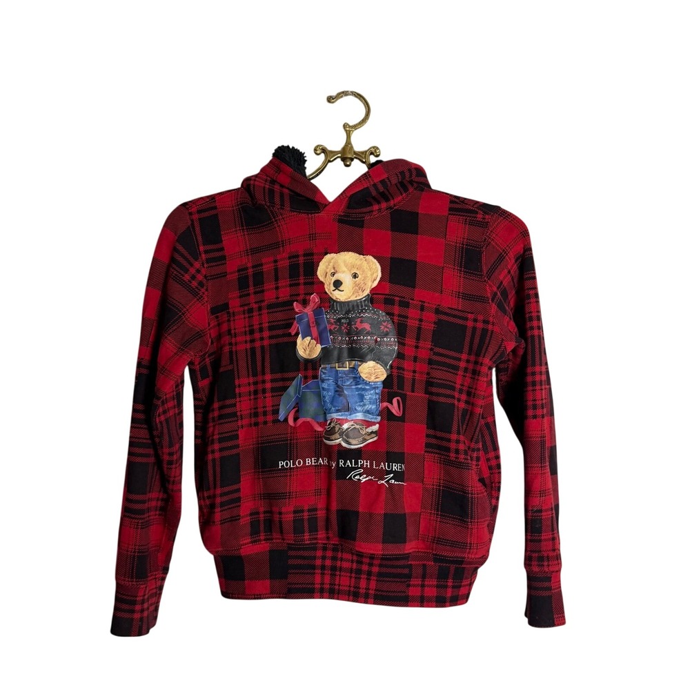 Polo Ralph Lauren Kids Red Black Plaid Polo Bear Sherpa Lined Hoodie Size S 8‎